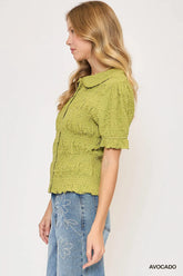 Umgee Smocked Short Sleeve Button-Front Shirt with Peter Pan Collar OutfitFlow